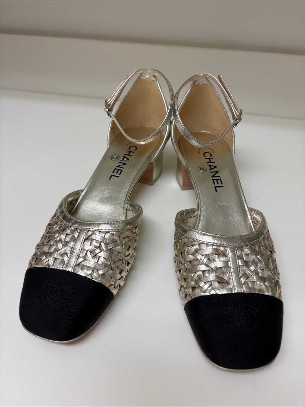 CHANEL Silver Woven Slingback Heels with Black Cap Toe